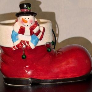 Holiday Red Boot Candle or Candy Holder with Snowman
